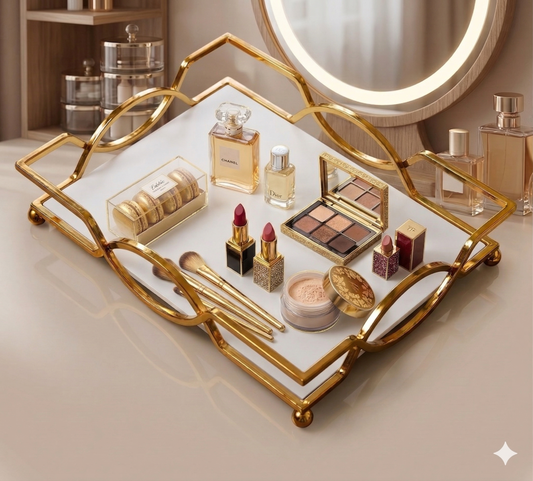 Makeup Organizer Stand Luxury Golden Vanity Tray with Mirror Base for Makeup and Perfume Organizer, Premium Handcrafted Home Decor Platter.