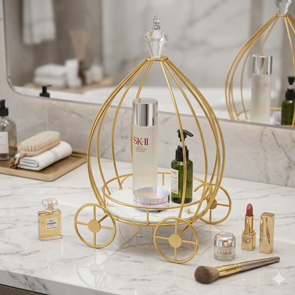 Cosmetic Organizer Gold Luxury Golden Carriage Cosmetic Organizer, Elegant Cinderella Style Makeup Vanity Tray with Crystal Top for Dressing Table Decor.