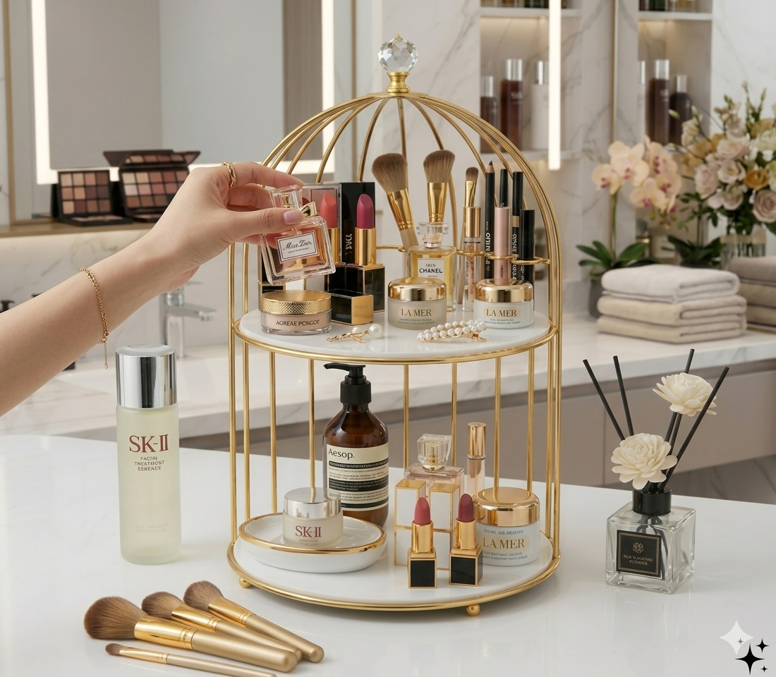 Skin Care Display Rack  Luxury 2-Tier Golden Birdcage Vanity Rack with White Acrylic Base, Premium Cosmetic and Perfume Organizer for Dressing Table.