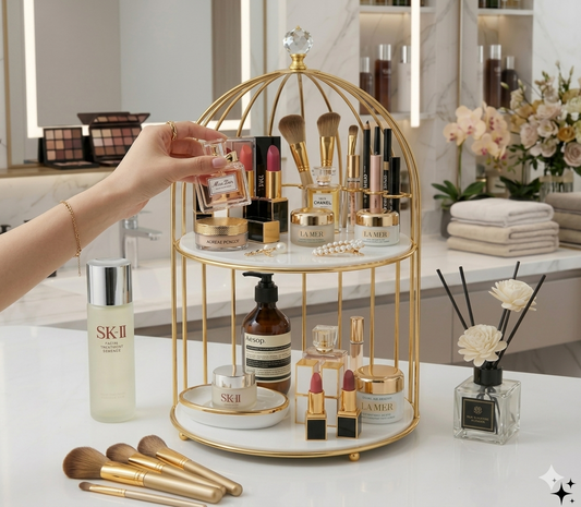 Skin Care Display Rack  Luxury 2-Tier Golden Birdcage Vanity Rack with White Acrylic Base, Premium Cosmetic and Perfume Organizer for Dressing Table.