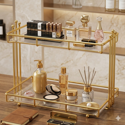 Cosmetic Organizer  Luxury 2-Tier Golden Cosmetic Shelf with Premium Black Base, Elegant Double-Layer Metal Makeup Organizer and Vanity Storage Rack.