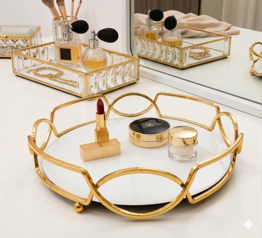 Golden Cosmetic Organizer Luxury Rectangular Gold Serving Tray with High-Quality White Acrylic Base, Premium Metal Food Display Platter for Dining and Events.