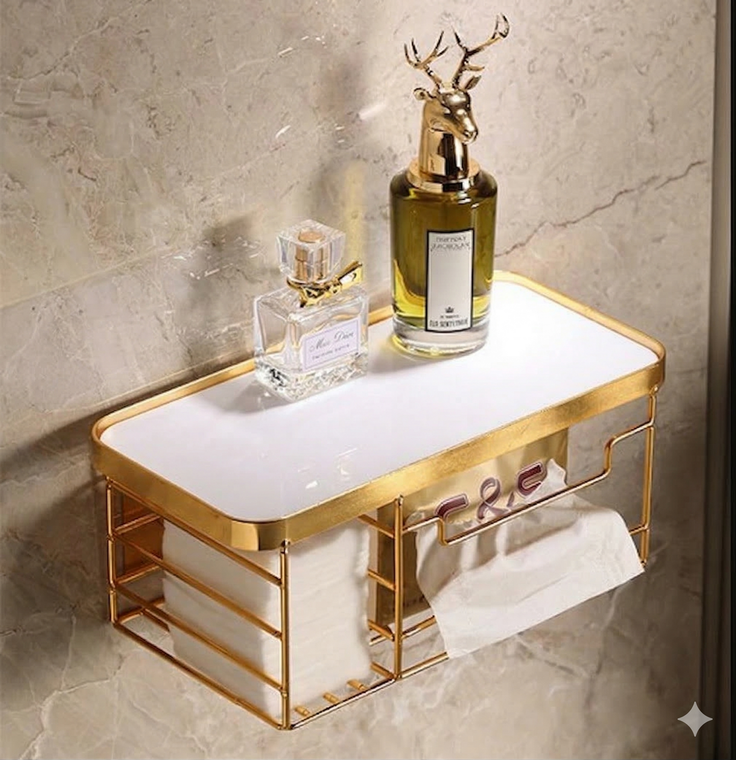 Acrylic Vanity Organizer Premium Wall-Mounted Luxury Tissue Box Holder and Cosmetic Shelf with Shiny Gold Frame, Modern Black Acrylic Storage Rack for Bathroom and Dressing Table.