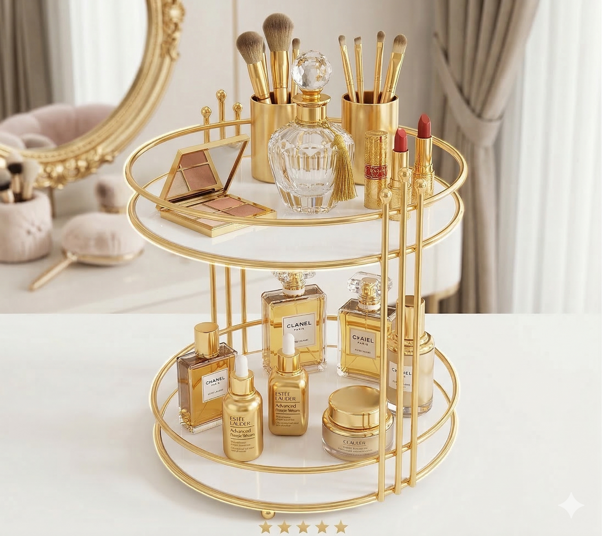 Stylish Cosmetic Shelf Makeup Rack Luxury 3-Tier Golden Cosmetic Organizer with Premium Glass Trays, Elegant Triple-Layer Metal Makeup Storage Rack and Vanity Display Shelf for Dressing Table.