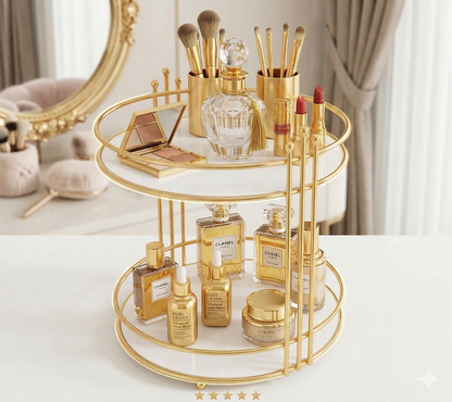 Stylish Cosmetic Shelf Makeup Rack Luxury 3-Tier Golden Cosmetic Organizer with Premium Glass Trays, Elegant Triple-Layer Metal Makeup Storage Rack and Vanity Display Shelf for Dressing Table.