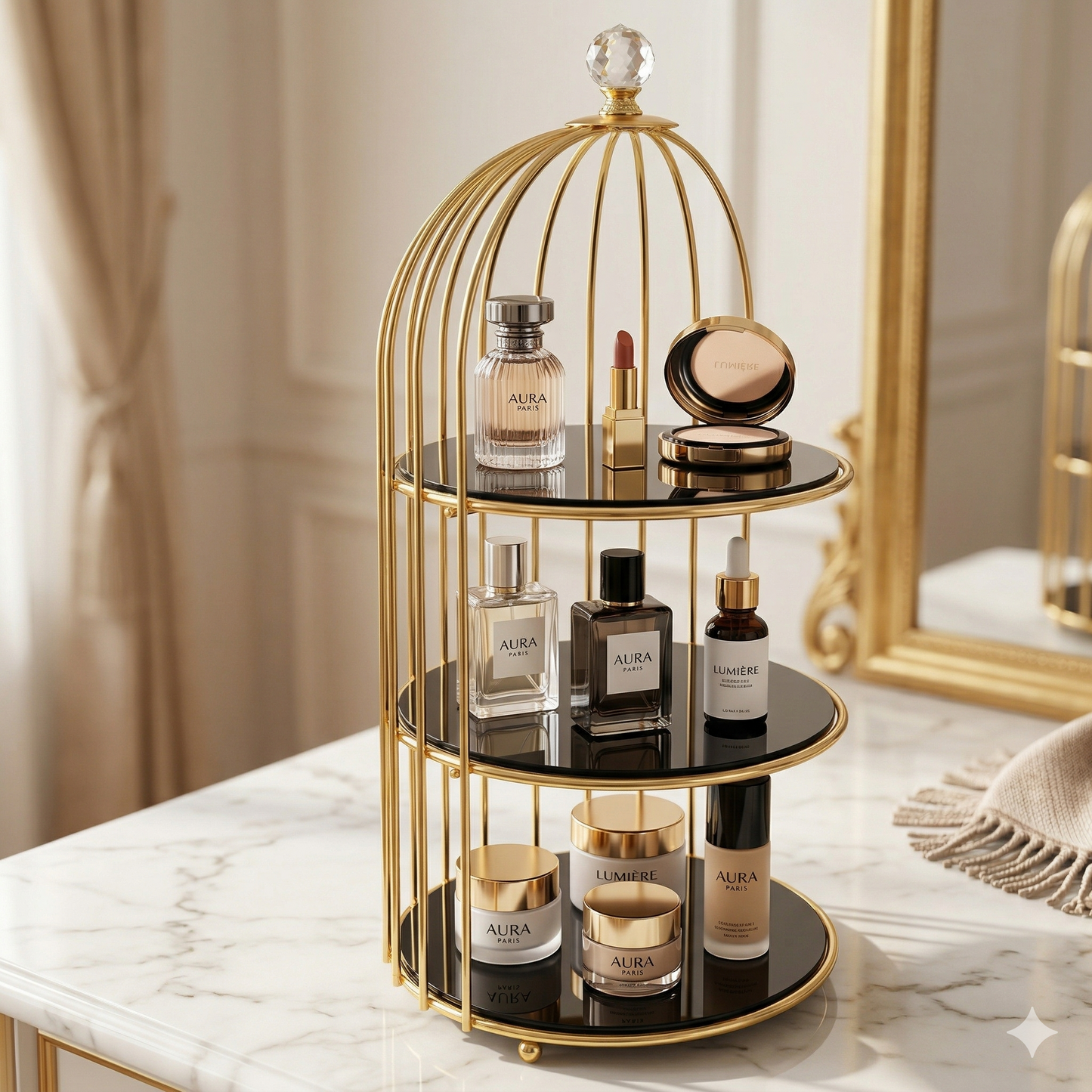 Two-tier luxury golden birdcage cosmetic organizer with white marble acrylic base, featuring metal shelves for makeup and perfume display.