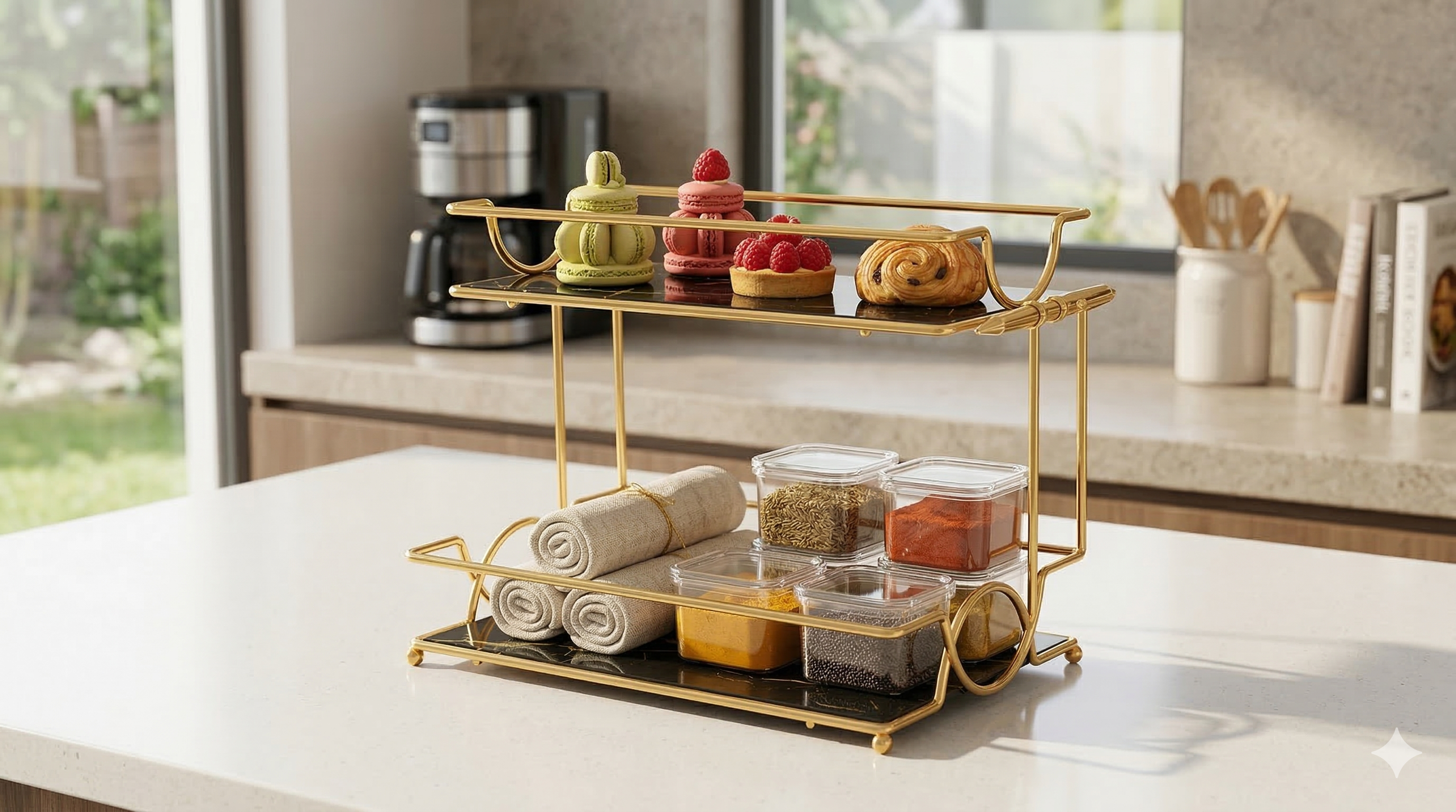 Luxury 2-Tier Gold Display Rack - Multipurpose Metal Organizer for Dessert, Perfume & Cosmetics