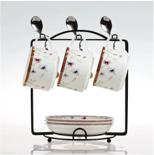 Cup holder stand, kitchen mug rack, tea set organizer, metal cup stand, saucer rack holder, coffee mug hanger, kitchen counter organizer, black metal rack, tea cup display, dining table accessories, spoon holder rack, space saving kitchen, durable cup stand, home decor kitchen, tea set stand, minimalist mug holder, metal wire rack, cup and saucer stand, kitchen storage solutions, stylish tea rack.