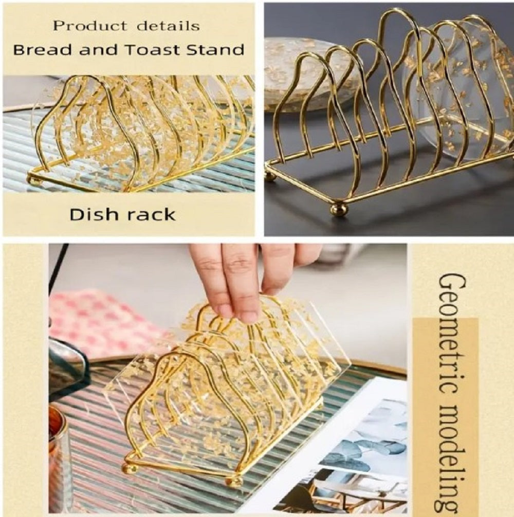 Luxury Gold Metal Plate Coaster Stand holding acrylic gold-flake coasters on a glass dining table in Pakistan