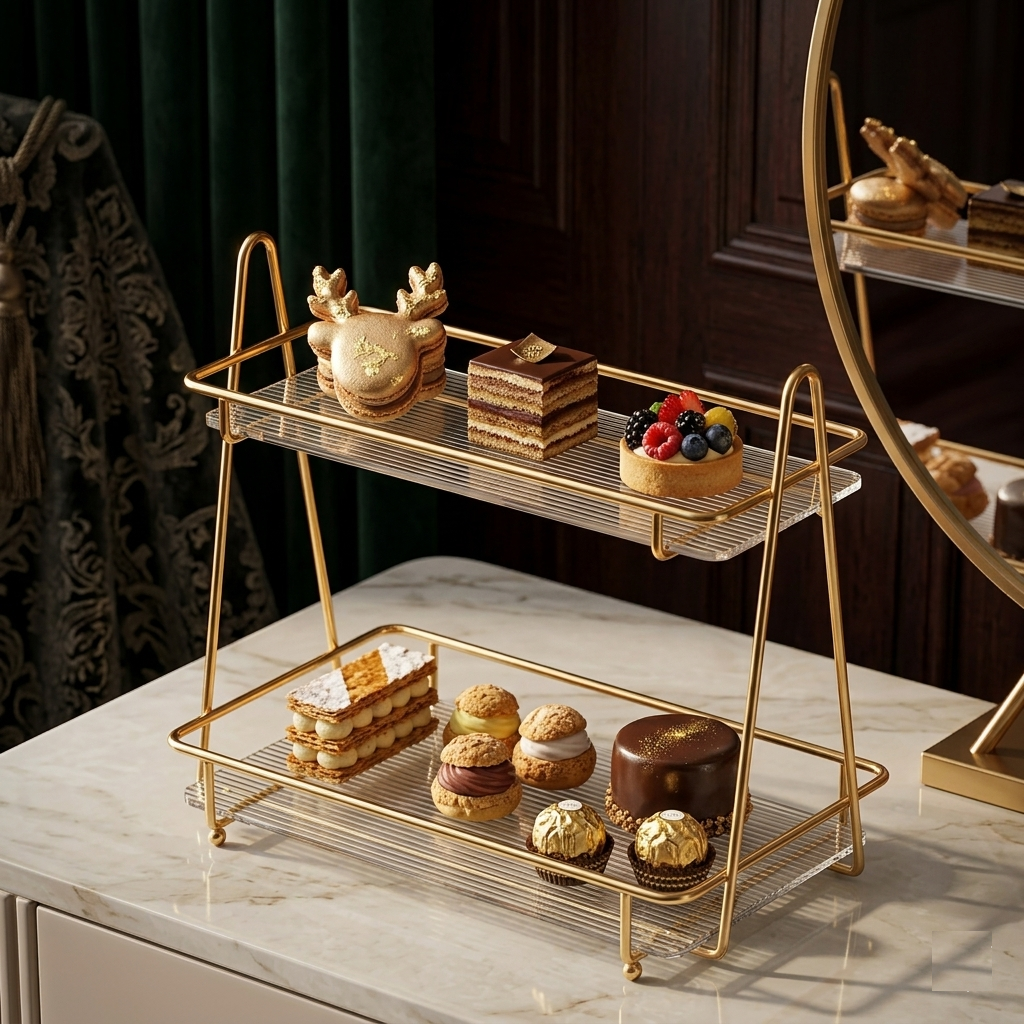 Premium gold birdcage dessert stand for pastry display and elegant dining table decoration.