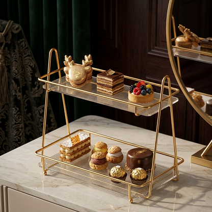 Premium gold birdcage dessert stand for pastry display and elegant dining table decoration.