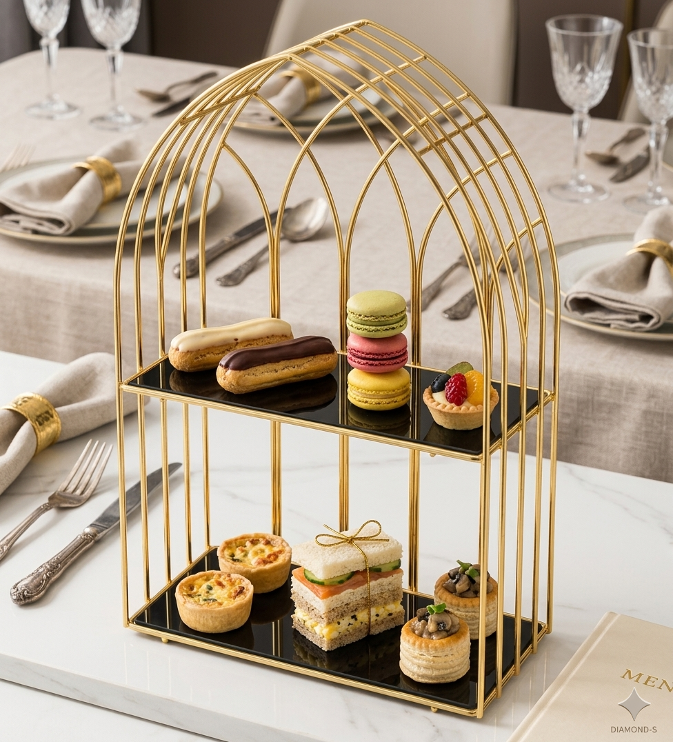 Premium gold birdcage dessert stand for pastry display and dining table decoration.