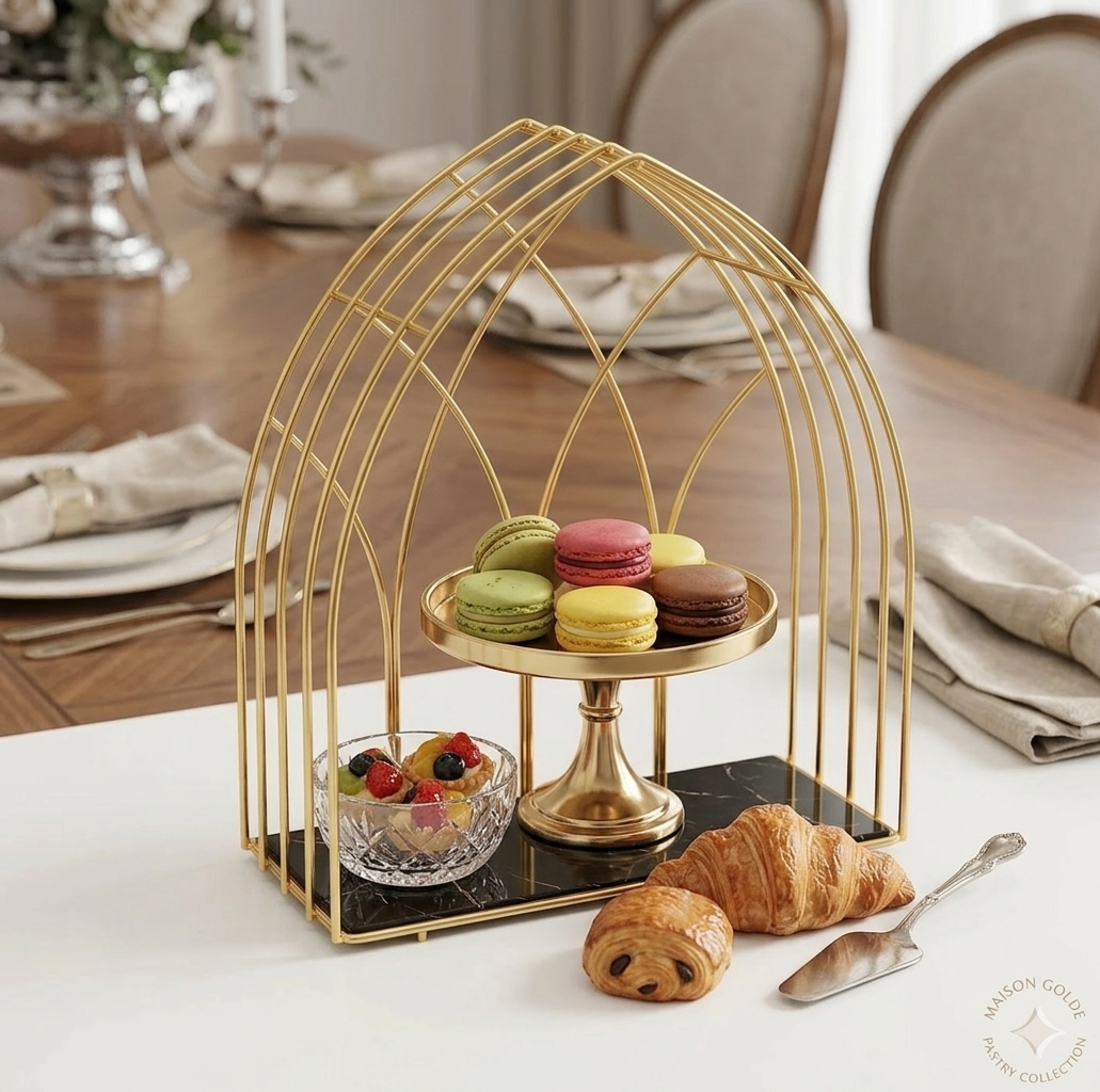 Premium gold birdcage dessert stand for pastry display and elegant dining table decoration.