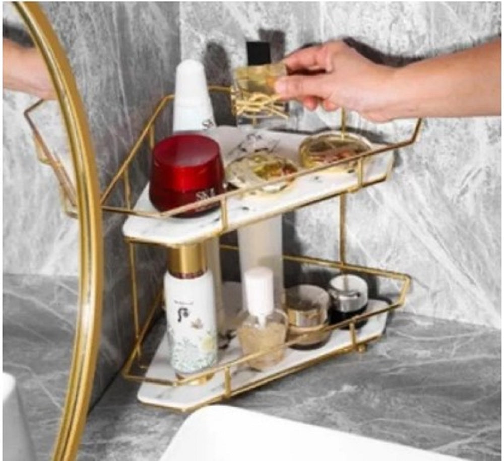 Luxury 2-Tier Corner Storage Rack – Shiny Gold & Black acrylic Finish – Multipurpose Organiser for Kitchen, Dressing Table & Cosmetics