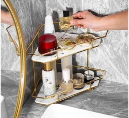Luxury 2-Tier Corner Storage Rack – Shiny Gold & Black acrylic Finish – Multipurpose Organiser for Kitchen, Dressing Table & Cosmetics