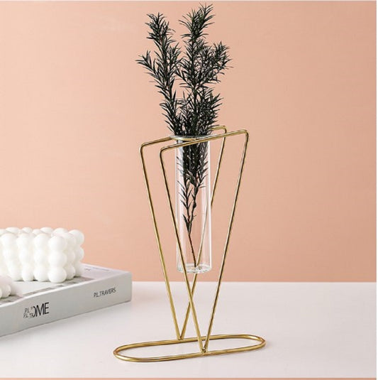 Elegant gold metal frame hydroponic vase with two glass bottles and pink flowers - Luxury home decor Pakistan