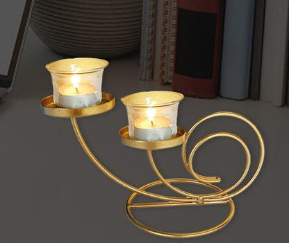 2 arm elegant spiral design metal candle holder stand with glass votive cups by decorewholesale.com