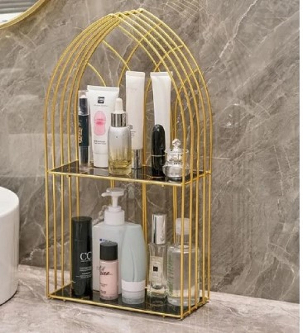 Dressing Table Organser Makeup Rack Luxury 2-Tier Gold Display Rack - Multipurpose Metal Organizer for Dessert, Perfume & Cosmetics
