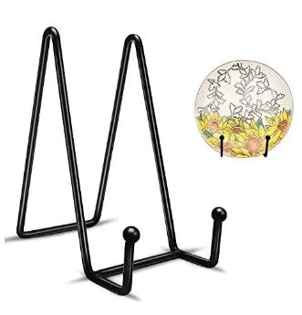 Gold Metal Plate Stand Easel Stand Picture Holder displaying a premium ceramic plate on a wooden table in Pakistan