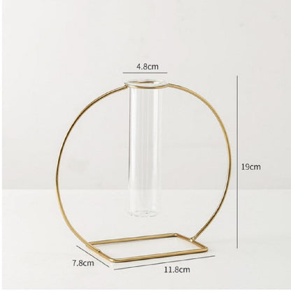 Geometric gold circle vase with glass plant holder dimensions and size guide - Decore Wholesale