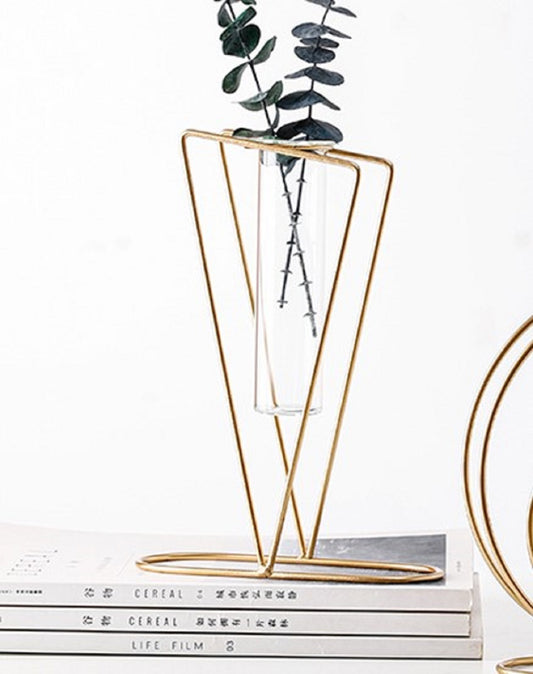Elegant gold metal frame hydroponic vase with two glass bottles and pink flowers - Luxury home decor Pakistan