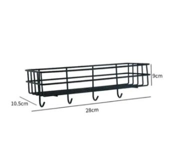 1 Self-Adhesive Wall Mounted Bathroom & Kitchen Organizer Rack – No-Drill Metal Storage Shelf with Hanging Hooks (Black & Golden)