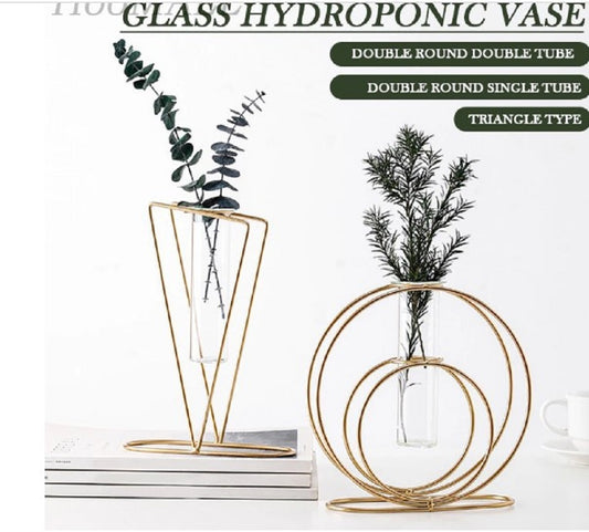 Minimalist gold double ring hydroponic plant holder for elegant home and office interior decoration