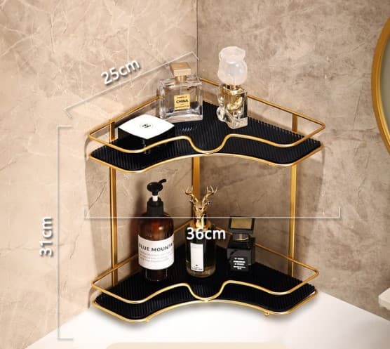 Luxury corner organizer, 2 tier storage rack, gold metal shelf, cosmetic organizer gold, bathroom counter rack, vanity storage shelf, premium perfume holder, makeup organizer stand, corner space saver, gold and black rack, decorative storage shelf, luxury home decor, bathroom accessories organizer, sturdy metal rack, elegant vanity decor, skincare storage stand, stylish corner shelf, modern bathroom rack, high quality organizer, luxury gift item.