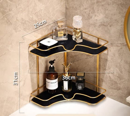 Luxury corner organizer, 2 tier storage rack, gold metal shelf, cosmetic organizer gold, bathroom counter rack, vanity storage shelf, premium perfume holder, makeup organizer stand, corner space saver, gold and black rack, decorative storage shelf, luxury home decor, bathroom accessories organizer, sturdy metal rack, elegant vanity decor, skincare storage stand, stylish corner shelf, modern bathroom rack, high quality organizer, luxury gift item.