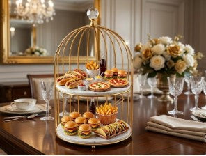 Luxury 2-Tier Golden Birdcage Cake Stand with Mirror Base, Elegant Round Dessert and Cupcake Display Rack for Weddings and Events.
