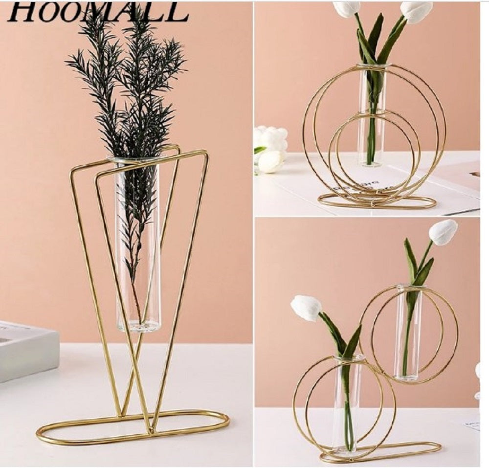Set of 3 gold geometric metal vases including V-shape and circle designs with glass tubes - Luxury table decor Pakistan