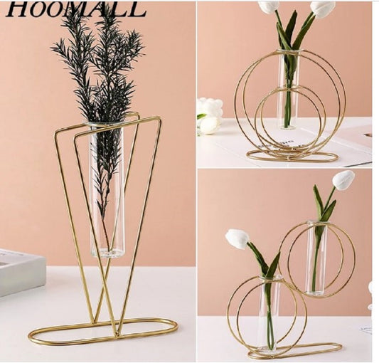 Set of 3 gold geometric metal vases including V-shape and circle designs with glass tubes - Luxury table decor Pakistan