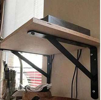 Under-shelf view of heavy-duty L-bracket supporting a wooden partition shelf