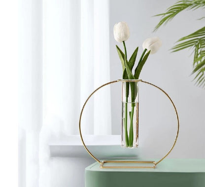 Modern circle gold metal table vase with glass tube and white tulips - Luxury home decor centerpiece Pakistan