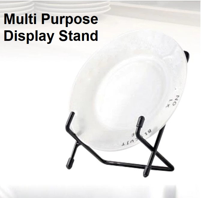 Multi purpose display stand, black metal plate holder, decorative plate rack, easel stand for pictures, tabletop display, kitchen organizer, dish display, picture frame stand, book holder, metal easel, home decor accessory, durable display rack, minimalist stand, plate display, art display stand, retail display rack, plate easel, black wire stand, kitchen accessory, small display stand.