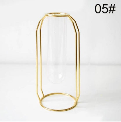 Nordic Gold Geometric Hydroponic Vase - Modern Metal Plant Holder with Glass Tube