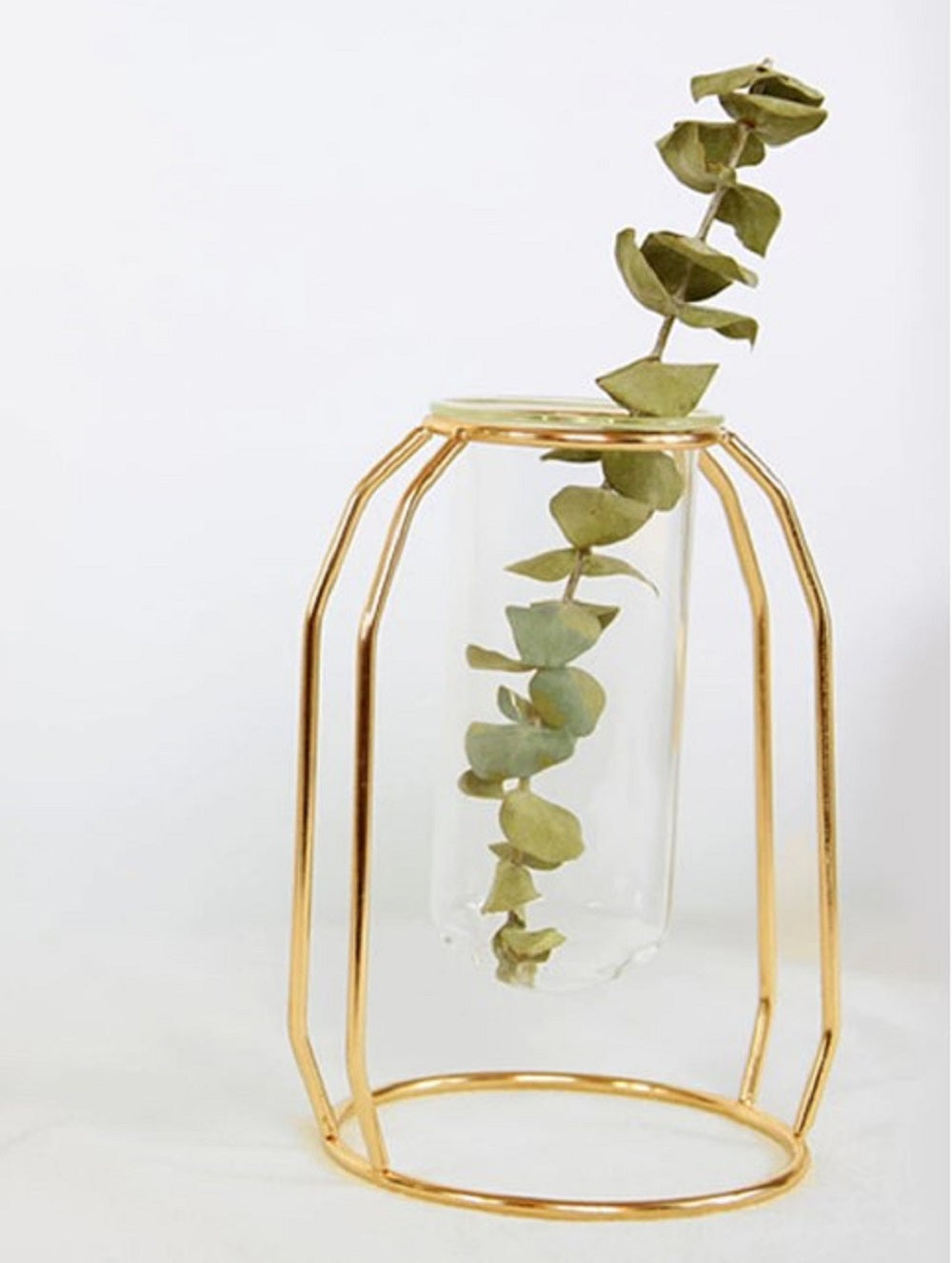 Gold geometric vase, hydroponic plant holder, nordic flower vase, metal frame glass tube, modern home decor, indoor plant vase, gold plated vase, tabletop decoration, office desk decor, minimalist flower holder, glass test tube vase, creative plant stand, luxury home accessories, geometric decor, flower pot gold, decorative plant container, living room decor, stylish vase, hydroponic decor, plant gift item.