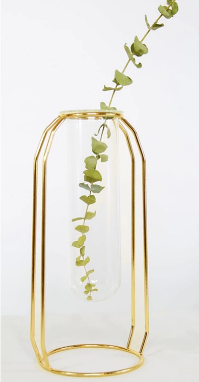 Gold geometric vase, hydroponic plant holder, nordic flower vase, metal frame glass tube, modern home decor, indoor plant vase, gold plated vase, tabletop decoration, office desk decor, minimalist flower holder, glass test tube vase, creative plant stand, luxury home accessories, geometric decor, flower pot gold, decorative plant container, living room decor, stylish vase, hydroponic decor, plant gift item.