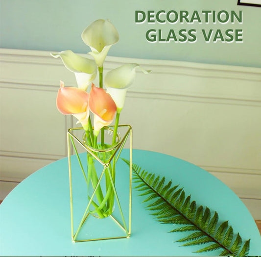 Triangle gold vase, geometric flower holder, hydroponic plant stand, glass tube vase, metal frame decor, modern home accessories, indoor flower pot, gold plated decoration, tabletop vase, luxury home decor, minimalist plant holder, triangle metal stand, glass test tube holder, office desk accessory, stylish flower vase, nordic style decor, home styling plant holder, decorative gold vase, propagation station, elegant flower stand.