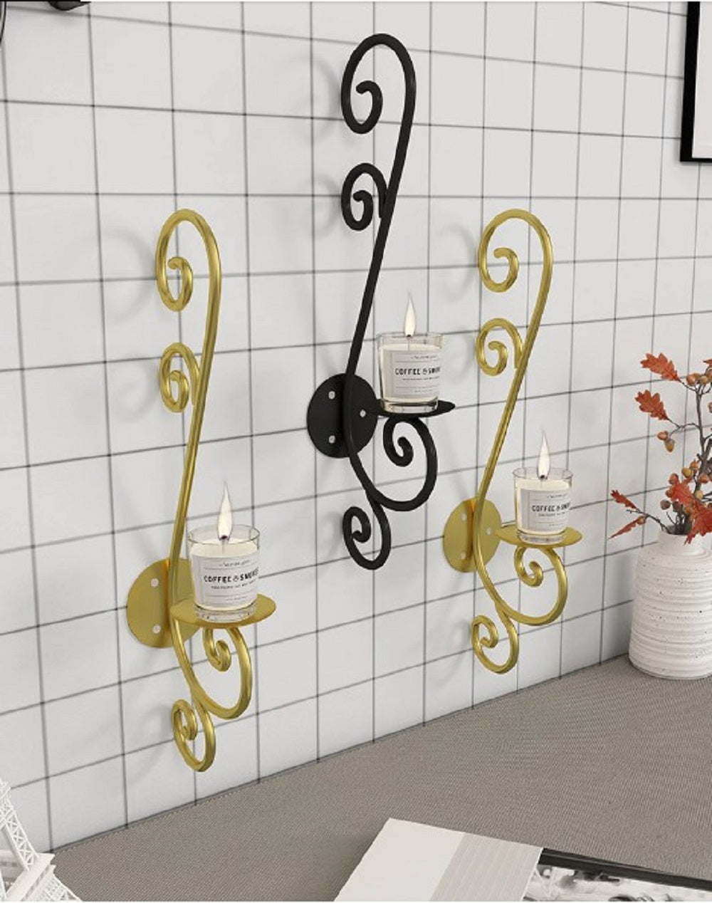 Trio wall art set

Ambient corridor lighting

S-shaped metal craftsmanship

Foyer wall accents

Metallic gold/black finish (depending on your exact stock color)

Symmetrical wall styling

Formal lounge decor

Tealight or pillar candle stand

Premium iron wall brackets

Contemporary home styling accessories