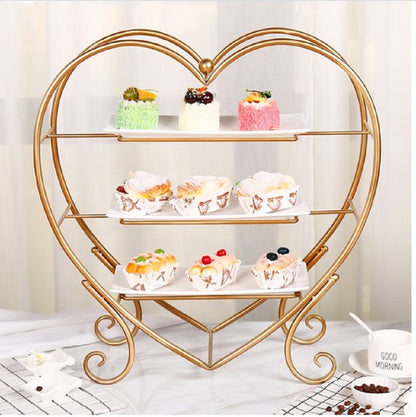Luxury 3-Tier Heart-Shaped Serving Stand – Elegant Golden Metal Rack with White Ceramic Platters for High Tea, Desserts & Events