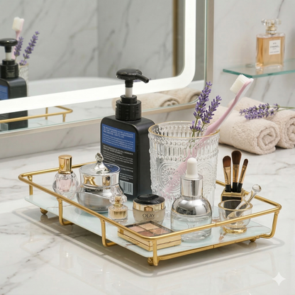 Luxry Decor Stylish Single-Tier Lipstick and Perfume Storage Rack with Shiny Gold Metal Frame and Premium White Acrylic Base, Elegant Vanity Organizer for Skincare and Cosmetics.