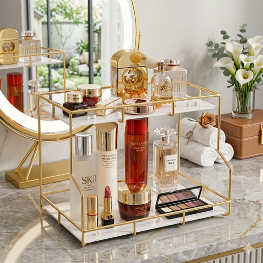 2 Tier Golden Organizer Yeh product kafi sturdy aur professional finish ke sath hai. Is Premium 2-Tier Golden Rectangular Metal Rack ke liye SEO content hazir hai:

1. Art Text (Alt Text)
Premium 2-tier golden rectangular metal rack for heavy-duty cosmetic storage. Luxury wide design perfume organizer and skincare shelf by Decore Wholesale. Shiny gold electroplated rust-proof vanity stand with modern chokor design for posh home decor.

2. SEO Keywords (20 Keywords per Photo)
Photo 1 (Full View):

Premium Go