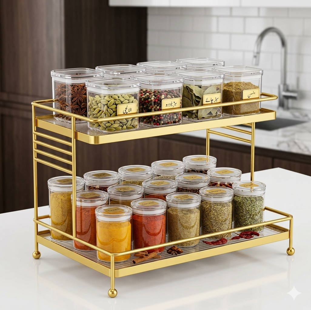 Golden metal arch spice rack organizer for kitchen countertop and luxury home decor.