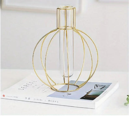 Round Wire Flower Vase – Elegant Nordic Tabletop Globe Planter with Glass Test Tube