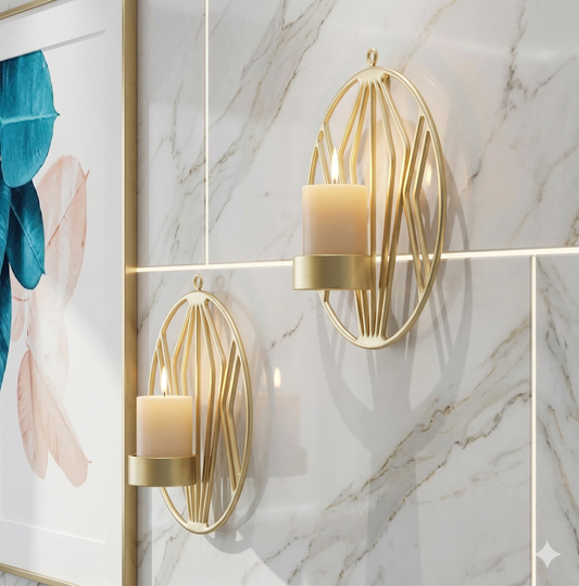 Golden Wall Sconce Luxury Oval Golden Wall Sconce, Elegant Geometric Metal Candle Holder for Home Decor, Modern Wall-Mounted Tea Light Stand for Living Room and Bedroom.
