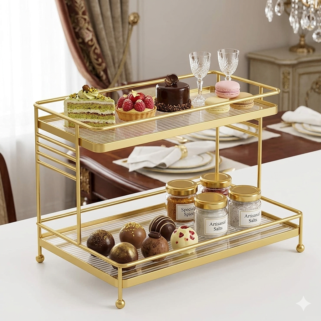 Premium gold birdcage dessert stand for pastry display and dining table decoration.