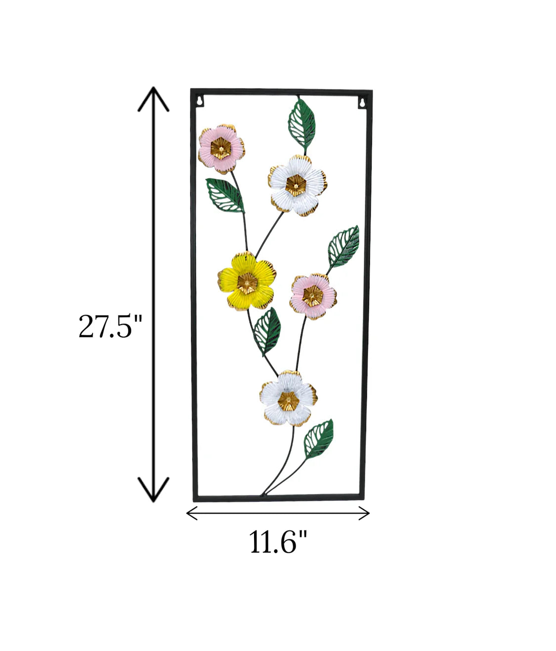 Metal Wall Hanging Floral Rectangle Black with 5 multi tone flowers displayed on a drawing room wall wholesale price in Pakistan