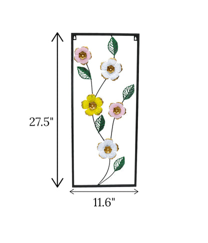 Metal Wall Hanging Floral Rectangle Black with 5 multi tone flowers displayed on a drawing room wall wholesale price in Pakistan