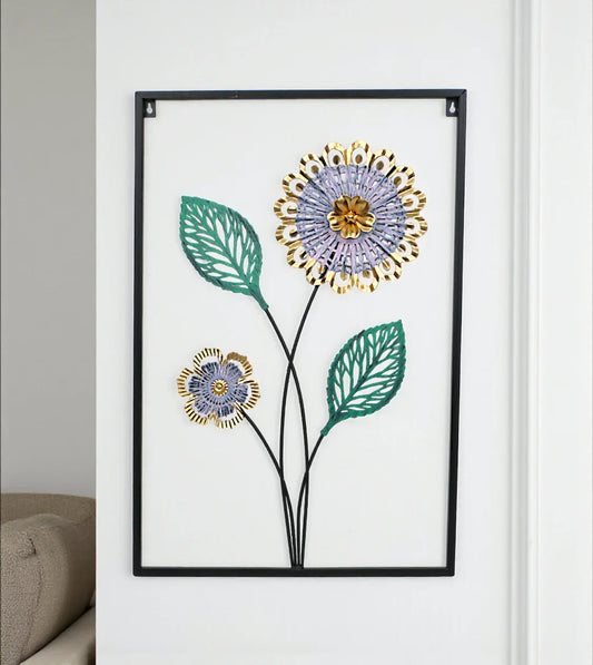 Metal Wall Decor Hanging Rectangle 2 Flower & Leaf in purple and gold imported from China on a plain wall price in Pakistan